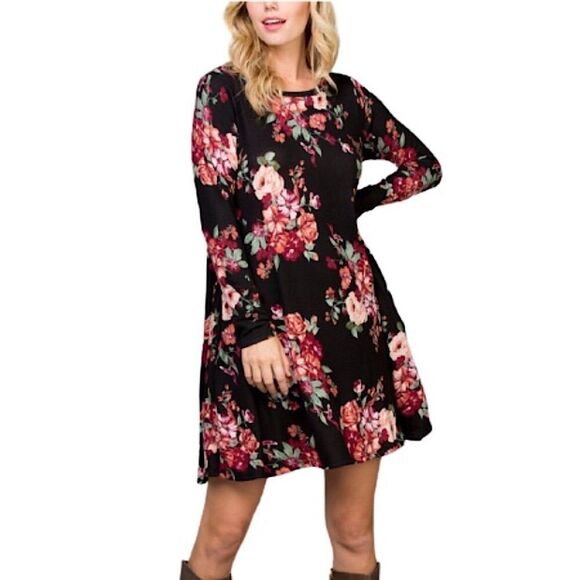 Black Long Sleeve Oversized Floral Patter A-Line Dress EMR Pocket Dress - Picture 2 of 9